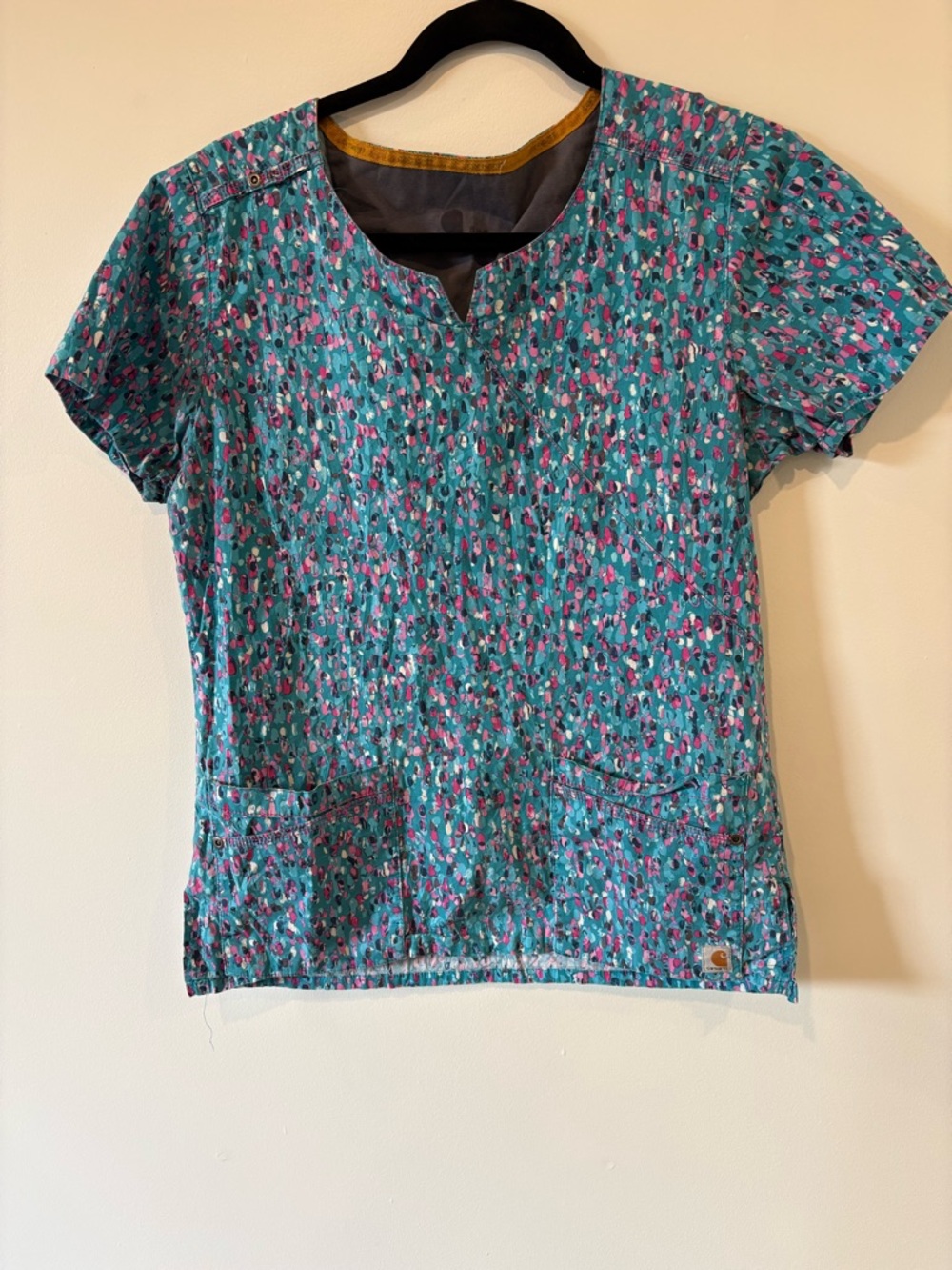 Carhartt Teal Floral Medical Scrub Top with Pink & Black Print